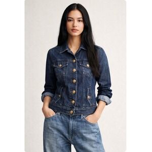 Lauren Ralph Lauren Denim Jacket Dark Wash Gold Crested Button Military Womens M